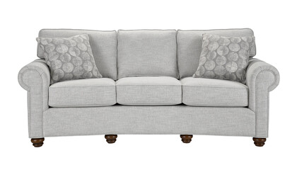A sofa with pillows in a minimalist design with wooden legs + clipping path. The sofa is isolated on a White background.