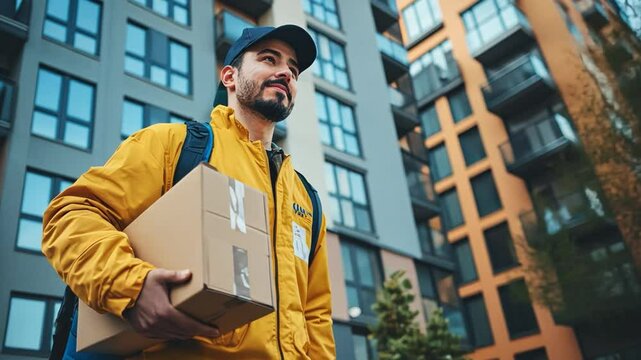A Hispanic courier delivers a takeaway food order to an apartment complex, highlighting the convenience and speed of urban delivery services.