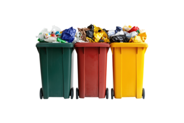 Overflowing garbage bins in gray and yellow colors filled with mixed waste and trash isolated on white or transparent, PNG