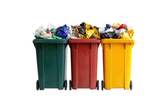 Overflowing garbage bins in gray and yellow colors filled with mixed waste and trash isolated on white or transparent, PNG