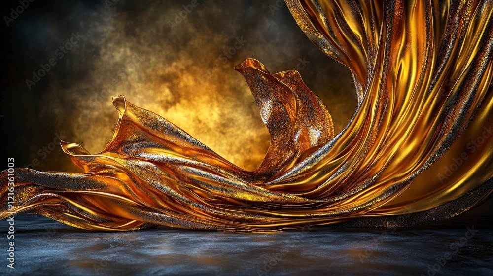 Aufkleber Golden silk wave unfolding over artistic canvas abstract environment dynamic viewpoint visual concept