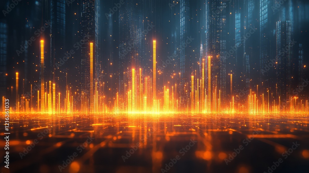 Poster abstract digital visualization with vibrant orange lines on a dark backdrop.
