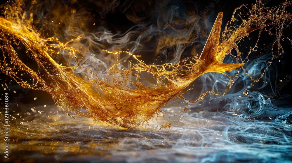 Poster dynamic golden fish splashing in a colorful liquid environment underwater photography artistic conce