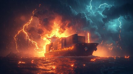 Fototapeta premium Cargo ship battles storm and fire on turbulent sea during dramatic nighttime weather