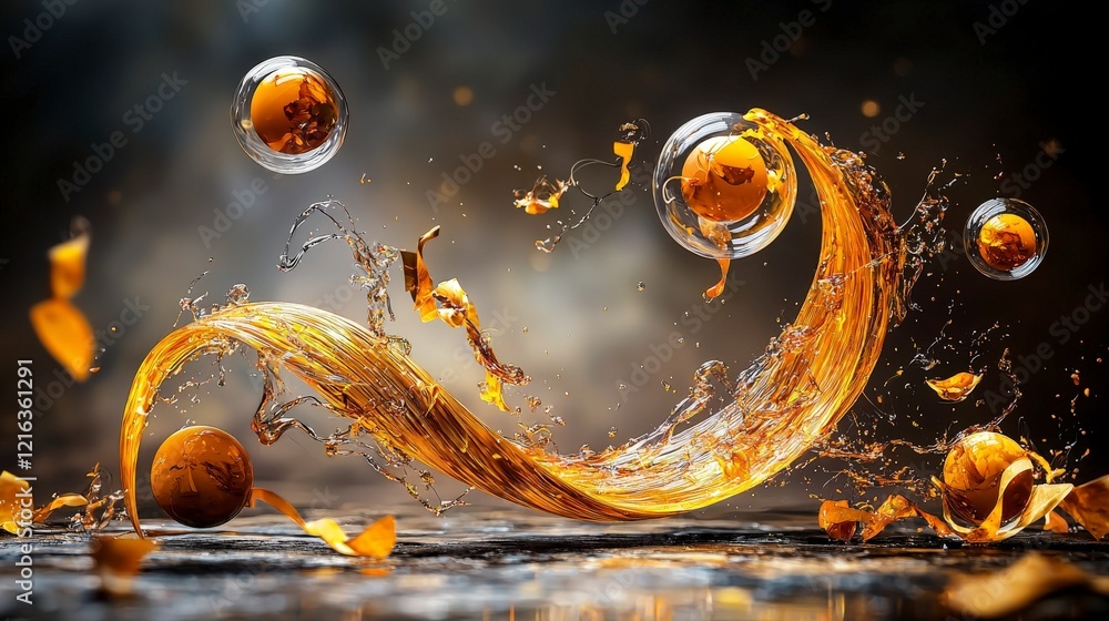 Poster Dynamic golden-brown curves of floating emotion in an abstract environment captured from an artistic viewpoint