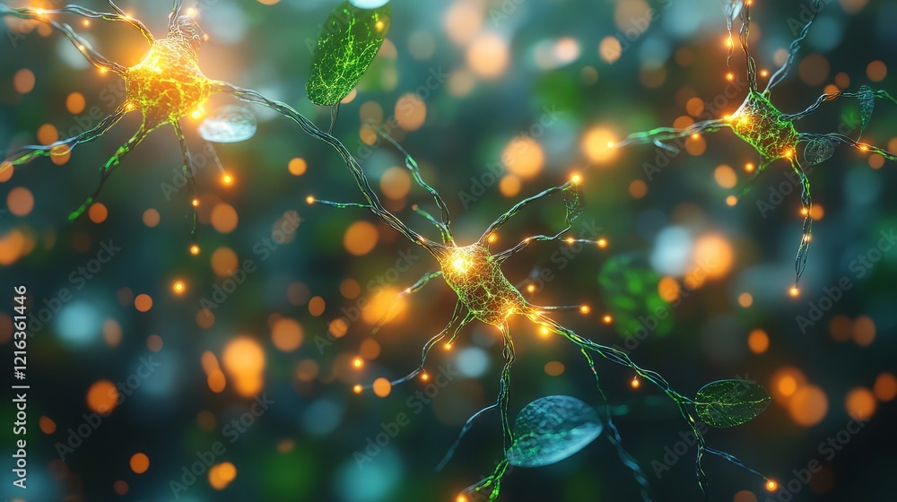 Poster abstract representation of neural connections illuminated with glowing nodes.