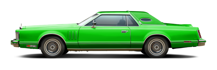 Classic American luxury car in pink. With a coupe body and a soft top in green. In png format on a transparent background.