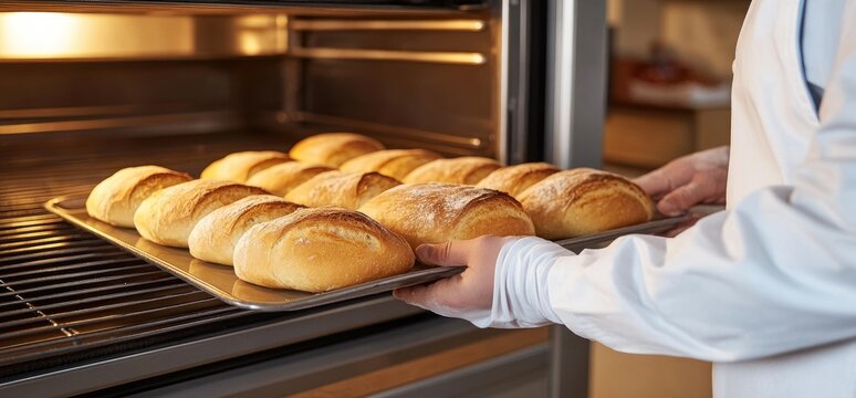 Baker removing tray of freshly baked bread from oven. Food production