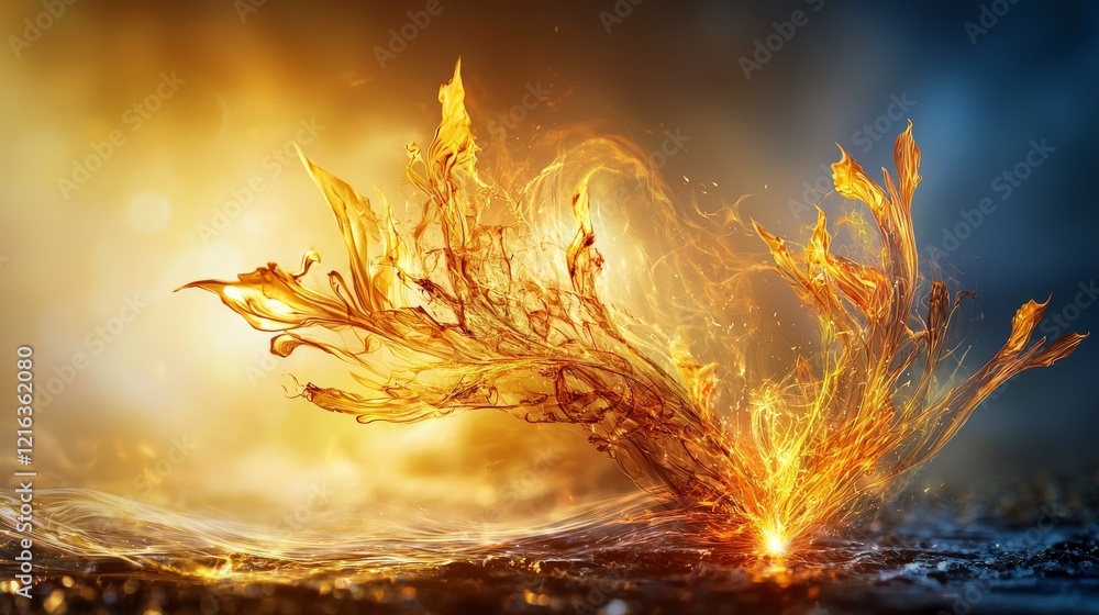 Poster Dynamic golden light unfurls in a vivid display overwater artistic creation abstract environment close-up perspective