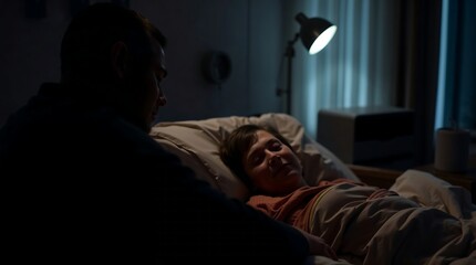 Tender Nighttime Scene Man Watching Over Sleeping Woman