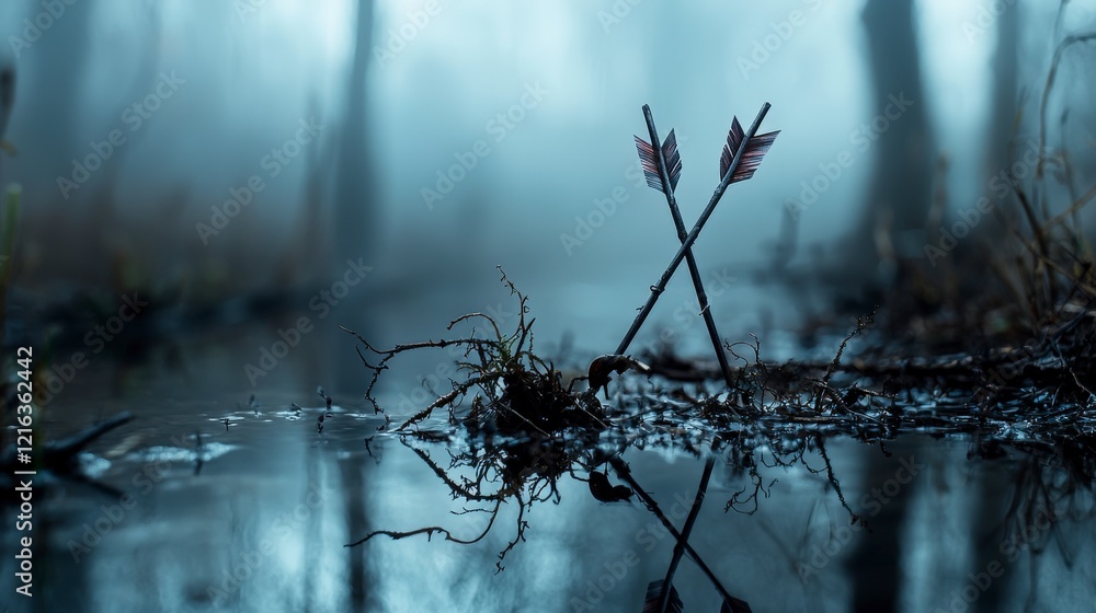 Poster A quivering arrow of void piercing through the mist of nature reflection landscape mysterious environment