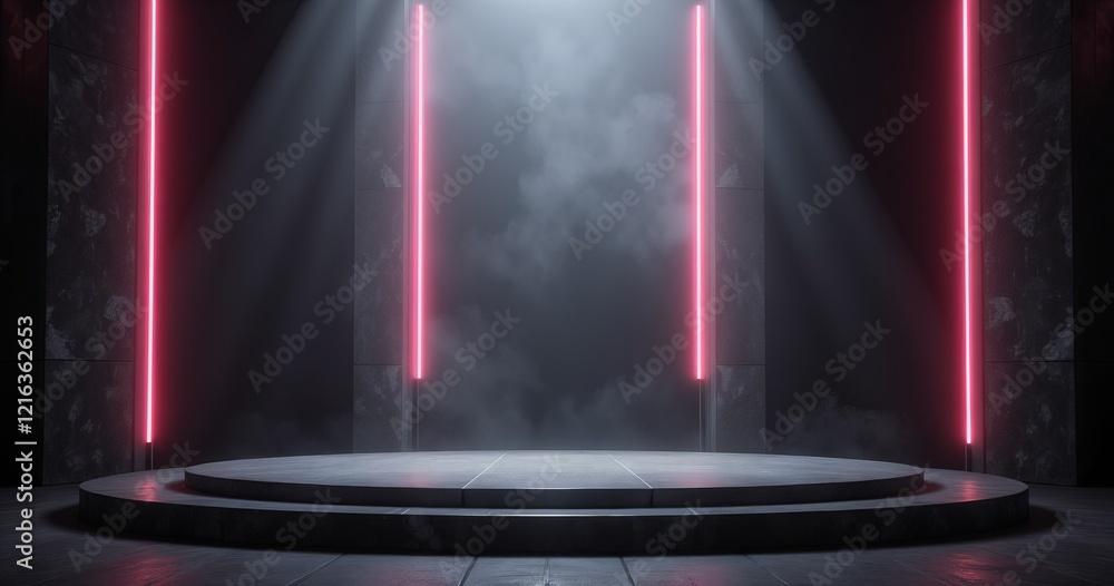 Poster minimalist and futuristic design featuring a circular concrete platform illuminated by neon pink lig