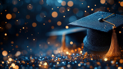 Graduation cap on a shimmering background with bokeh lights