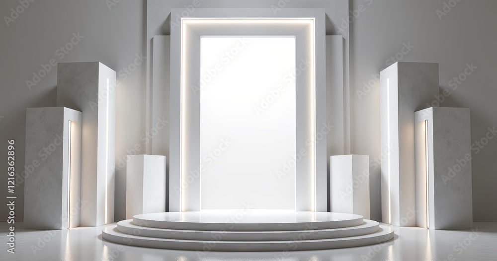 Poster minimalist and modern white backdrop with a circular podium in the center, perfect for showcasing pr