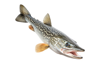 Naklejka premium Detailed northern pike fish with spotted scales, fins and sharp jaw isolated on white transparent background, concept of aquatic life
