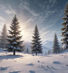 Naklejka premium A snow-covered landscape with a glittering Christmas tree in the distance and a few snowflakes gently falling around it , winter wonderland, glittery christmas tree, snowy landscape