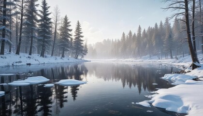 Fototapeta premium A snow-covered landscape with a frozen lake and trees, winter wonderland, frozen lake