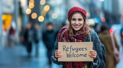 Smiling young woman activist holding cardboard sign saying Refugees welcome, standing in busy city street, showing her support for refugees and immigration