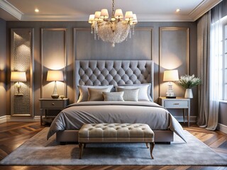 Elegant Gray Tufted Headboard Bedroom, Modern Crystal Lamps, Mirrored Nightstands