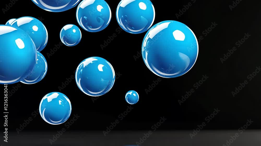 Poster bunch of blue spheres floating in the air. the spheres are all different sizes and are scattered thr