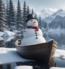 A snowman sits in a snow-covered boat with snowflakes gently falling around him as he drifts on the snowy lake, winter wonderland atmosphere, wintery scenery, snowman boat