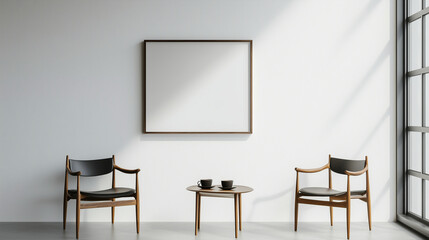 A stark, white wall with one framed, minimalist coffee art piece, adding character.
