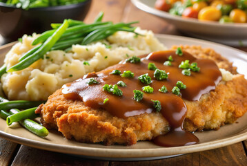 Breaded chicken with mashed potatoes and gravy