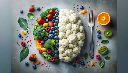 Food A top-down view of a human brain made from food, with the left half in white structures like caulifl4