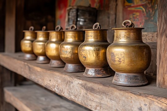 Antique Golden Vessels on Wooden Shelf