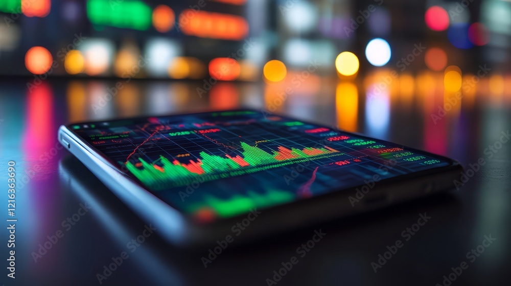 Poster close-up of smartphone displaying stock market data and vibrant visual charts.