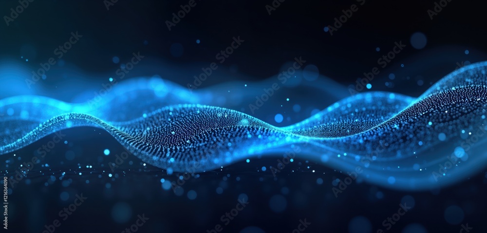 Poster Abstract blue glowing light beam with particles, lines on dark background represents data transfer. Dynamic design with wavy patterns suggests motion, energy. Illustration suitable for tech concepts,