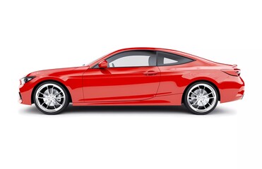 Red car isolated on a white background, in a three-quarter view. The car with front and side lights. This is a 3D rendering. 
