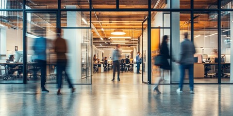 Corporate Collaboration: Blurred Business People in Glass Office., Generative AI