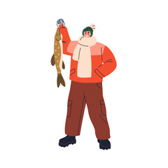Obraz premium Fisherman holding fish. Happy smiling proud fisher, angler standing with trophy in hand after ice fishing in winter, showing big large pike. Flat vector illustration isolated on white background