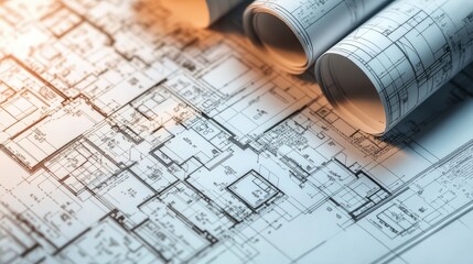 Detailed architectural plans rolled on a workspace, showcasing modern design elements.