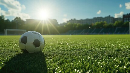 A panoramic view of a soccer field bathed in sunlight,