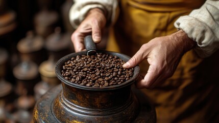 Artisan Barista's Hands Expertly Grinding Fresh Coffee Beans in a Manual Burr Grinder, Dynamic Focus on the Process of Coffee Preparation, High-Quality Coffee Beans for the Perfect Cup, Freshly Baked