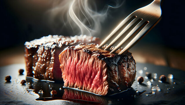 Food A side-angle close-up of two pieces of medium-rare steak on a fork, with the seared crust and pink j4