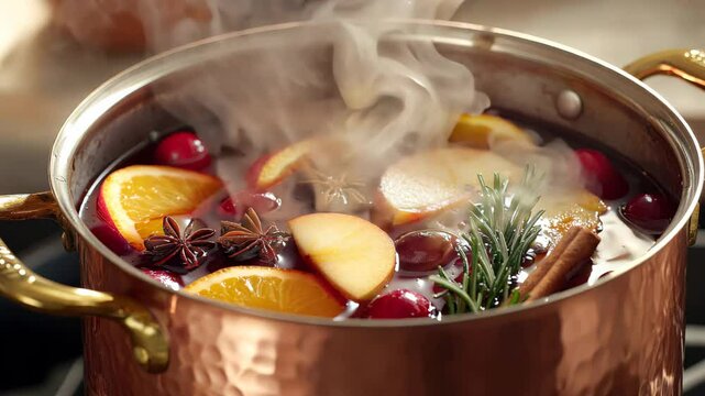 Cooking traditional drink for Christmas. Mulled wine preparations. Close-up