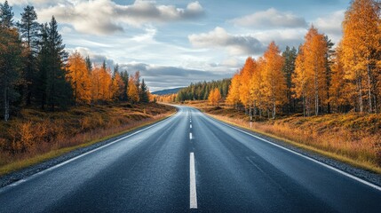 Fototapeta premium Autumnal Road Trip: A Scenic Drive Through Golden Forests