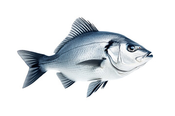 Fototapeta premium Silver sea bass fish isolated on white transparent background, showcasing its shiny scales and natural texture.