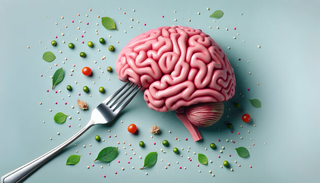 Food A playful composition where the brain is tilted slightly, and the fork is leaning against the left s3