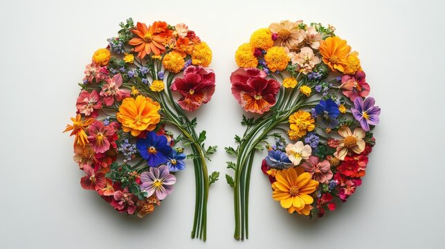 Vibrant flowers with green stems in a minimalistic kidney design on white