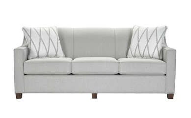 A sofa with pillows in a minimalist design with wooden legs + clipping path. The sofa is isolated on a White background.