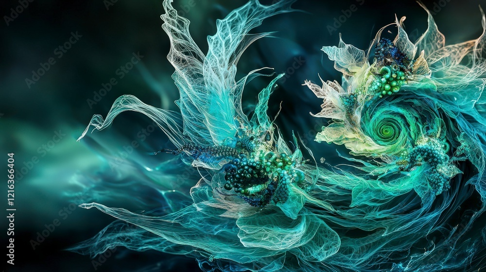 Poster dynamic swirls of aquagreen spirals in a dreamlike atmosphere digital art abstract surreal concept