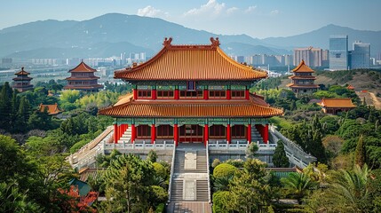 Fototapeta premium a Chinese building with red pillars and a white blue sky background