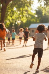 A group of kids playing jump rope, chanting rhymes as they skip in unison
