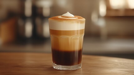 Close-up of exquisite layered latte art in a glass cup, showcasing warm and inviting coffee and bakery aesthetics The image highlights the meticulous presentation of this delicious latte, perfect for
