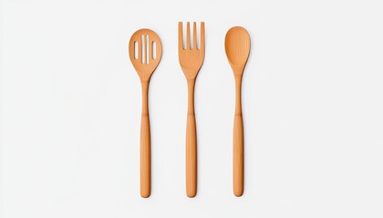 Three wooden kitchen utensils arranged neatly on a white background, ideal for culinary and cooking themes