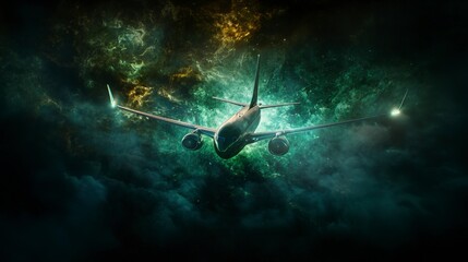 Emerald plane soars through ethereal skies futuristic transport art cosmic environment dynamic perspective